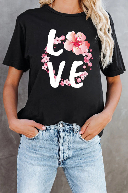 Black Love Cherry Blossoms Graphic Print Short Sleeve T Shirt